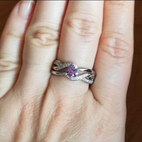 New 925 Silver Heart Shaped Amethyst Diamond Ring for Women - Picture 6 of 7